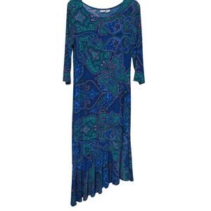 Chico’s Travelers Vibrant Blue Paisley Ruffle Hem Knit Midi/Maxi Dress Size 4-6